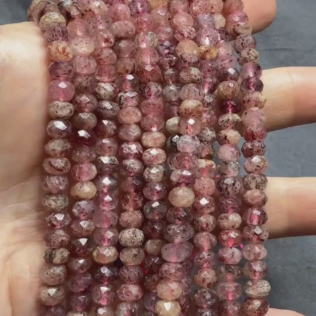 6mm AAA Strawberry Quartz Micro Faceted Rondel Beads Genuine Quartz Beads 15" Sparkly Gemstone Beads for Jewelry Making