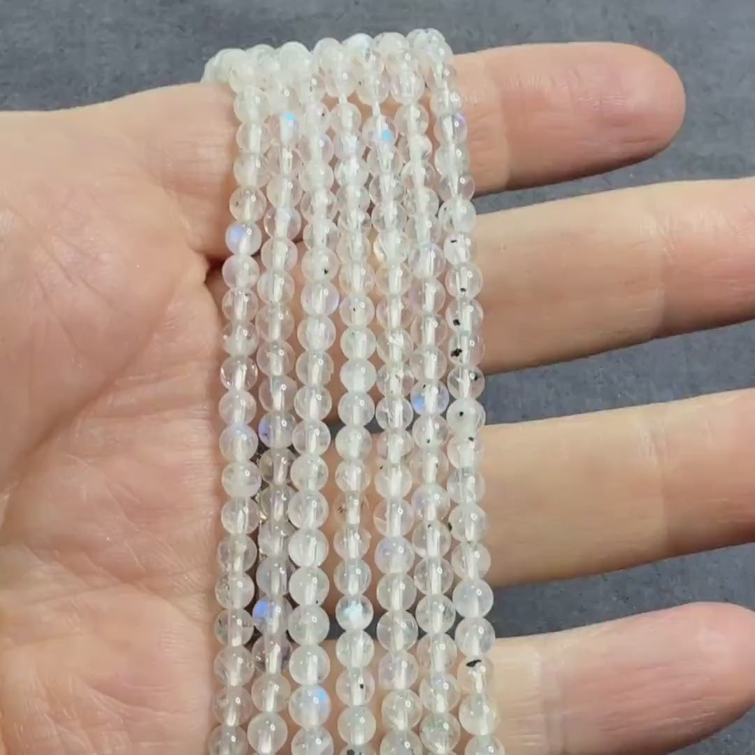 3.5mm Rainbow Moonstone Beads With Black Tourmaline Specs 15" Smooth Gemstone Beads Beading Crafter Gift June Birthstone DIY Jewelry
