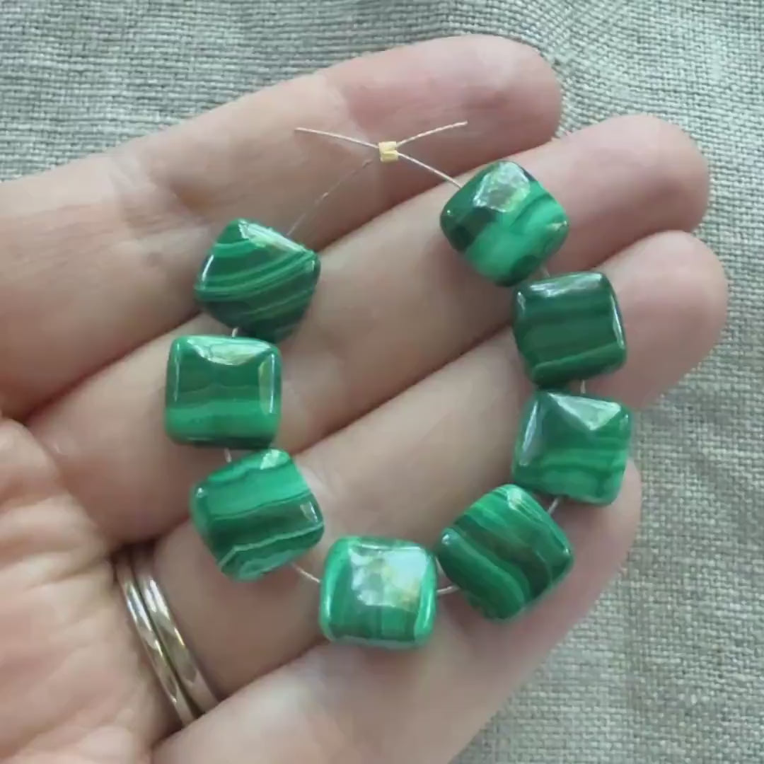 10mm Malachite Beads Flat Square Smooth 8pcs Vivid Green Malachite Gemstone Cushion Beads Jewelry Making DIY Earrings Beading Supply